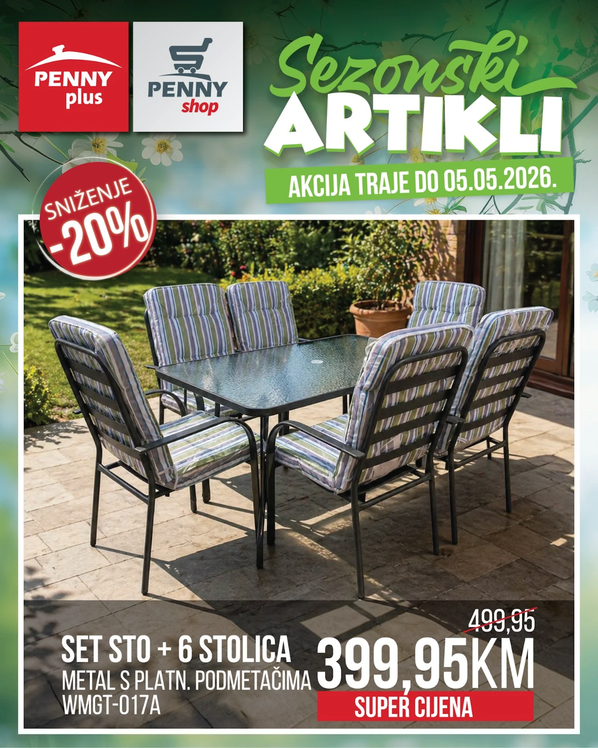 Penny Plus vrtni set sto i 6 stolica sa platnenim podmetačima snižen na 399,95 KM do 05.05.2026