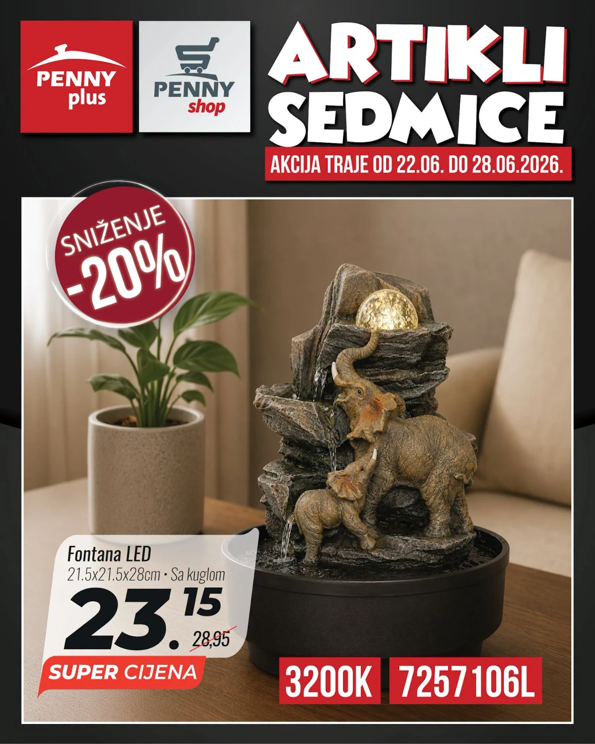Penny Plus dekorativna fontana sa motivom slonova