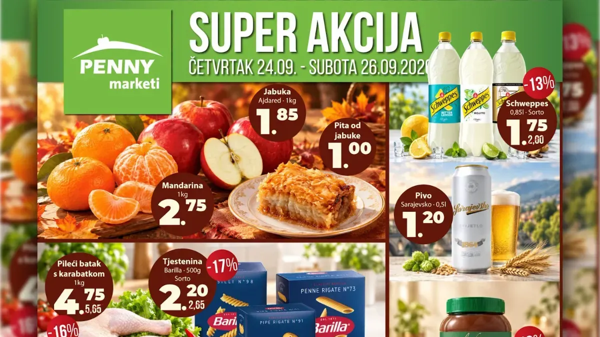 Penny Super akcija od 24.09. do 26.09.2026. – jabuke, mandarine, pileći batak, Barilla tjestenina, sardine, Schweppes, Fairy i Palmolive na akciji
