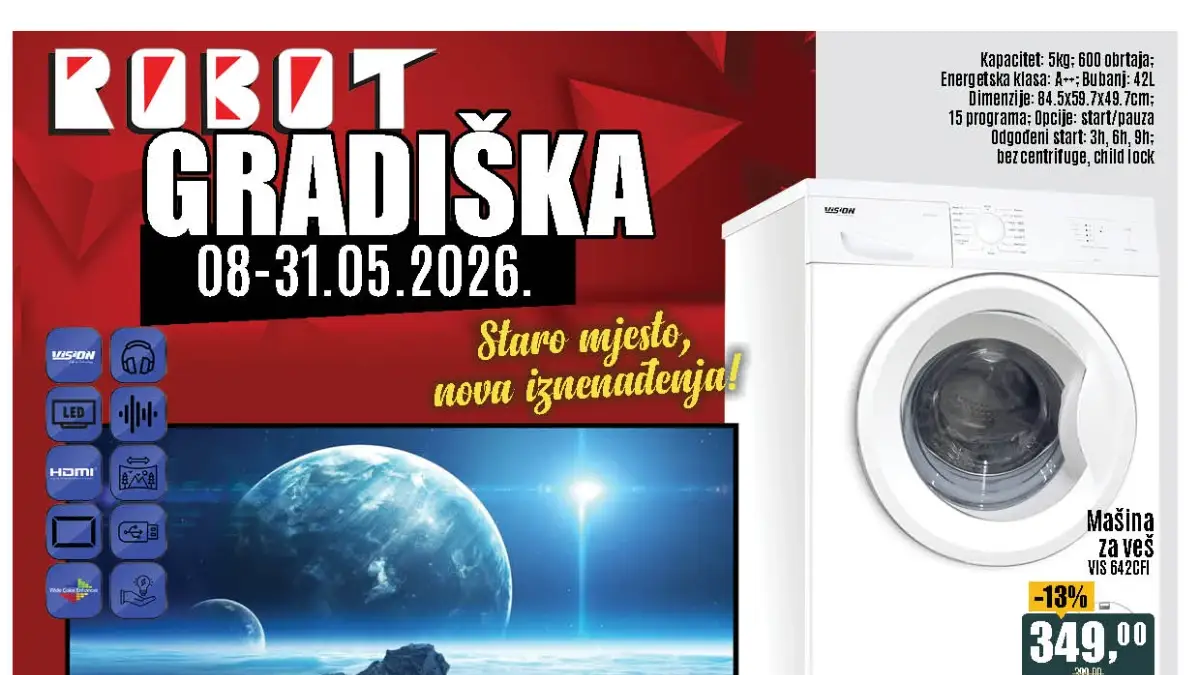 Robot Gradiška katalog akcija maj 2026 – TV, veš mašina, bicikla i kućanski aparati po sniženim cijenama