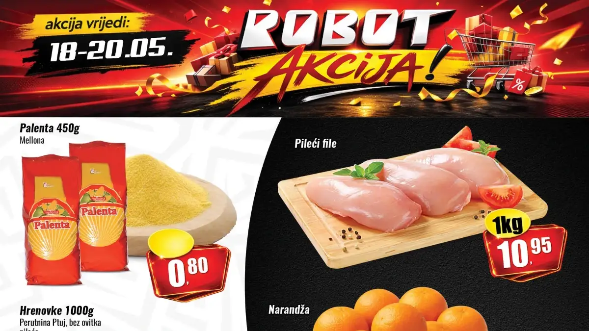 Robot akcija maj 2026 pileći file batak narandže palenta kafa i prehrambena sniženja