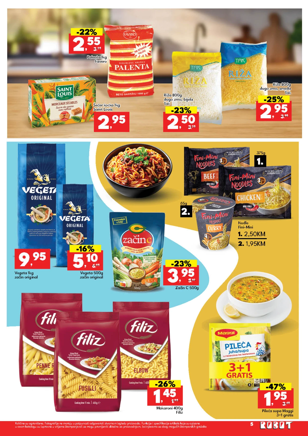 Robot katalog maj 2026 strana 5 riža vegeta makaroni i Maggi supa akcija BiH