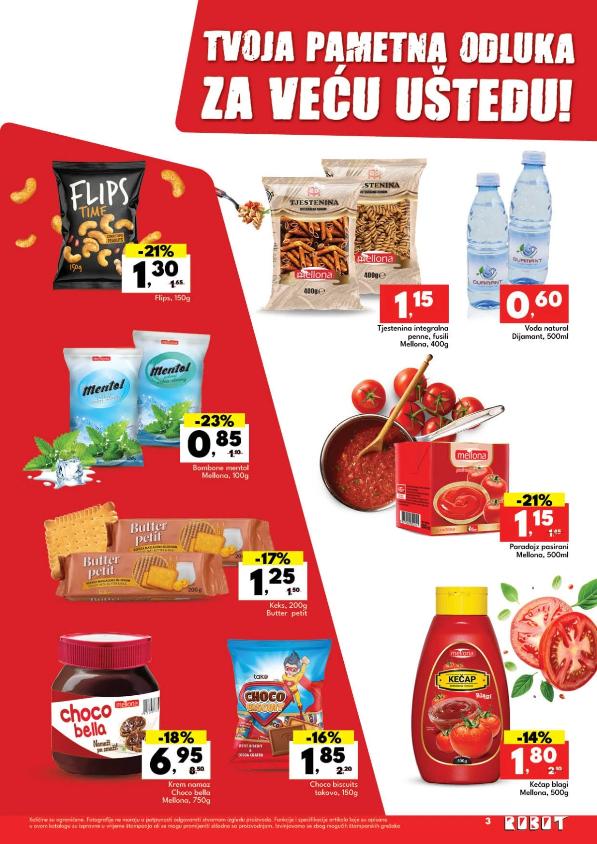Robot katalog strana 3 – tjestenina Mellona, Choco Bella namaz, bombone Mentol i voda Dijamant