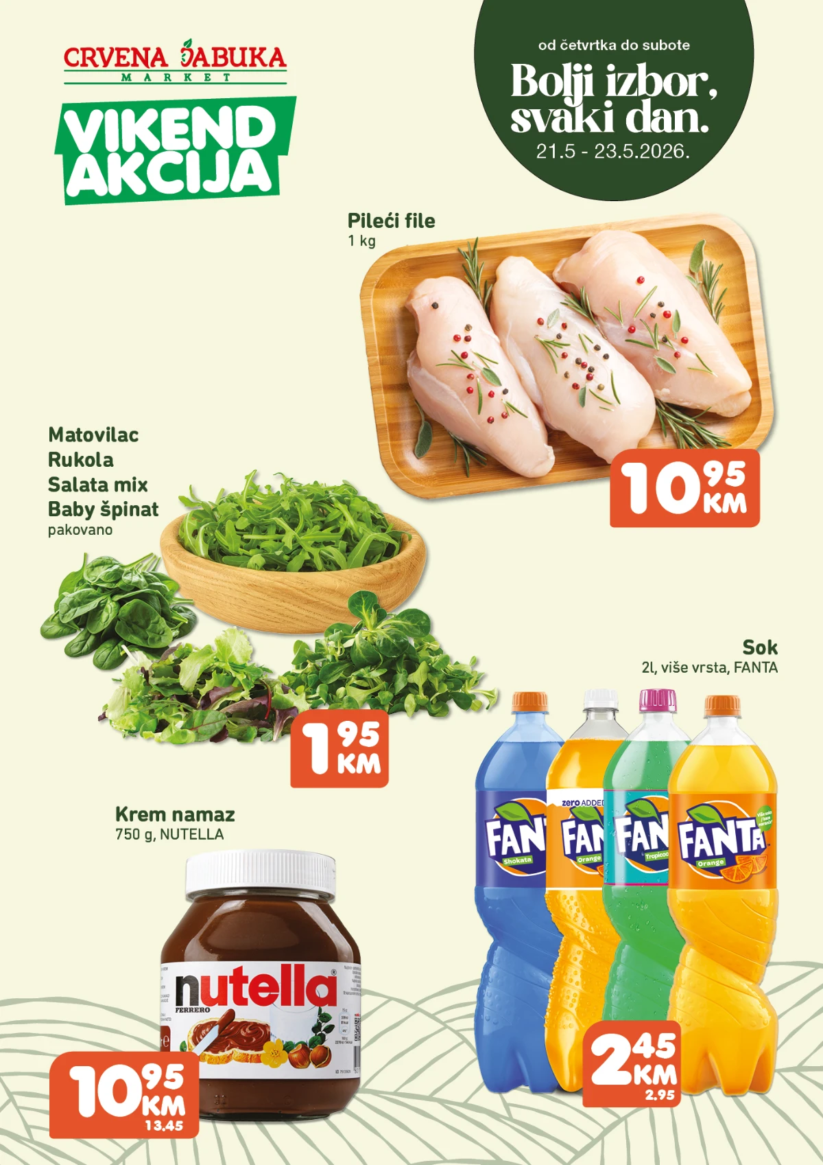 Crvena Jabuka vikend akcija 21-23.05.2026 – pileći file 10,95 KM, Nutella 750 g 10,95 KM, Fanta 2 L 2,45 KM i salata mix 1,95 KM katalog