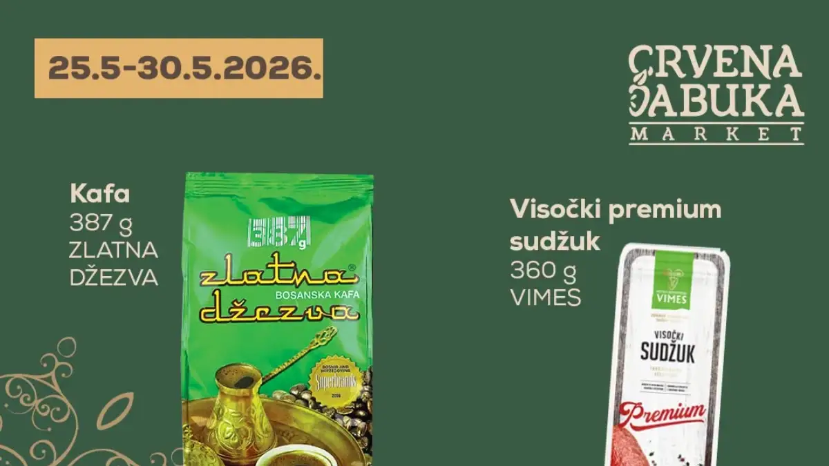 Crvena Jabuka akcija 25–30.05.2026 – kafa, sudžuk i prehrana na sniženju Crvena Jabuka akcija do 30.05.2026 – Zlatna džezva kafa 9,95 KM, sudžuk 6,95 KM i sokovi 1,75 KM