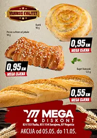 Mega Diskont pekara akcija – burek 90g, pecivo sa jabukom i baget 125g po cijeni od 0,55 KM do 11.05.2026
