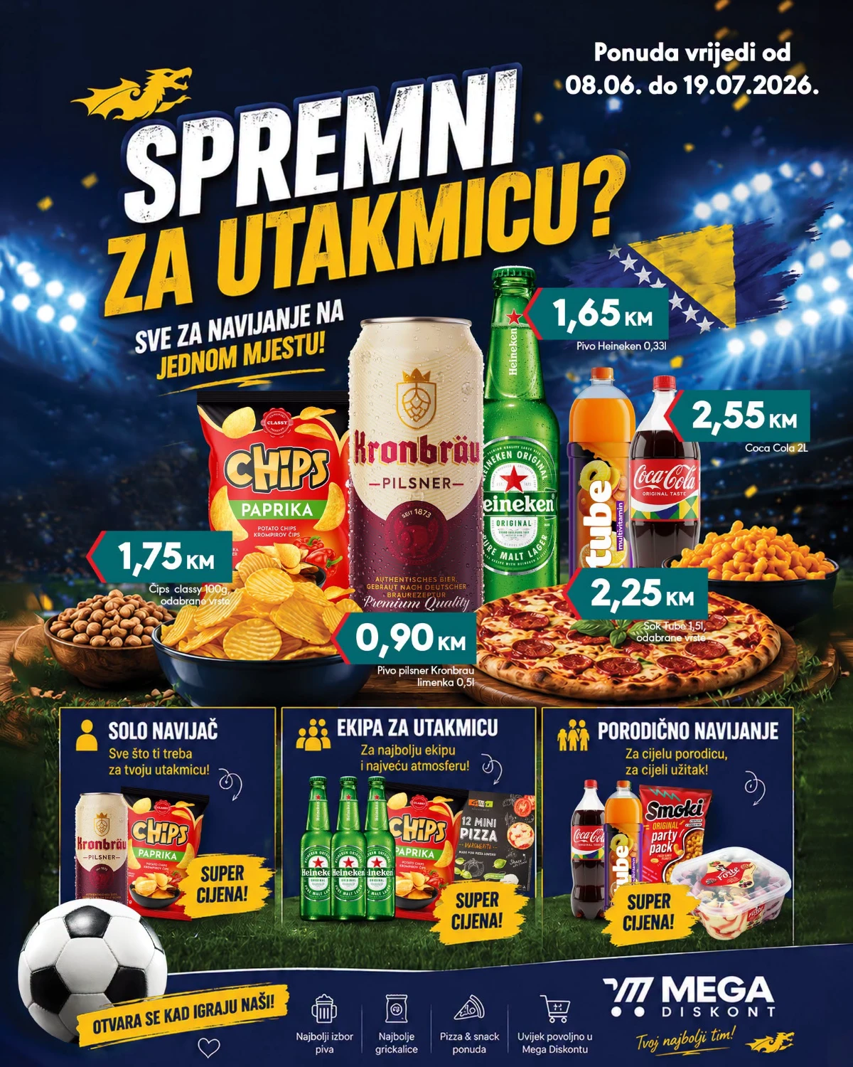 Mega Diskont akcija do 20% popusta – navijačka ponuda, grickalice, pića i pizza po akcijskim cijenama do 19.07.2026