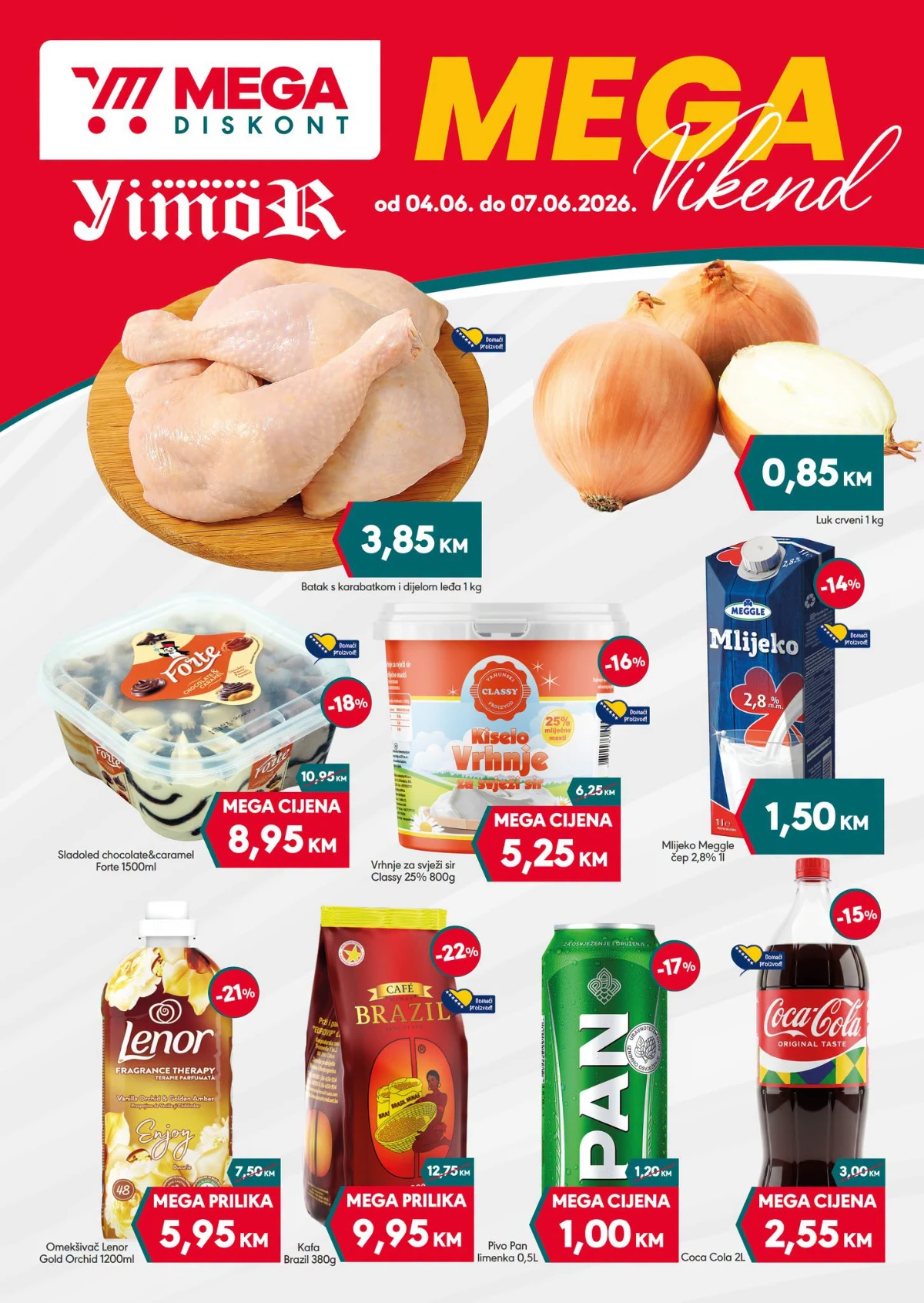 Mega Diskont i Yimor Mega Vikend akcija do 07.06.2026 – pileći batak 3,85 KM, luk 0,85 KM, mlijeko 1,50 KM i Coca-Cola 2,55 KM