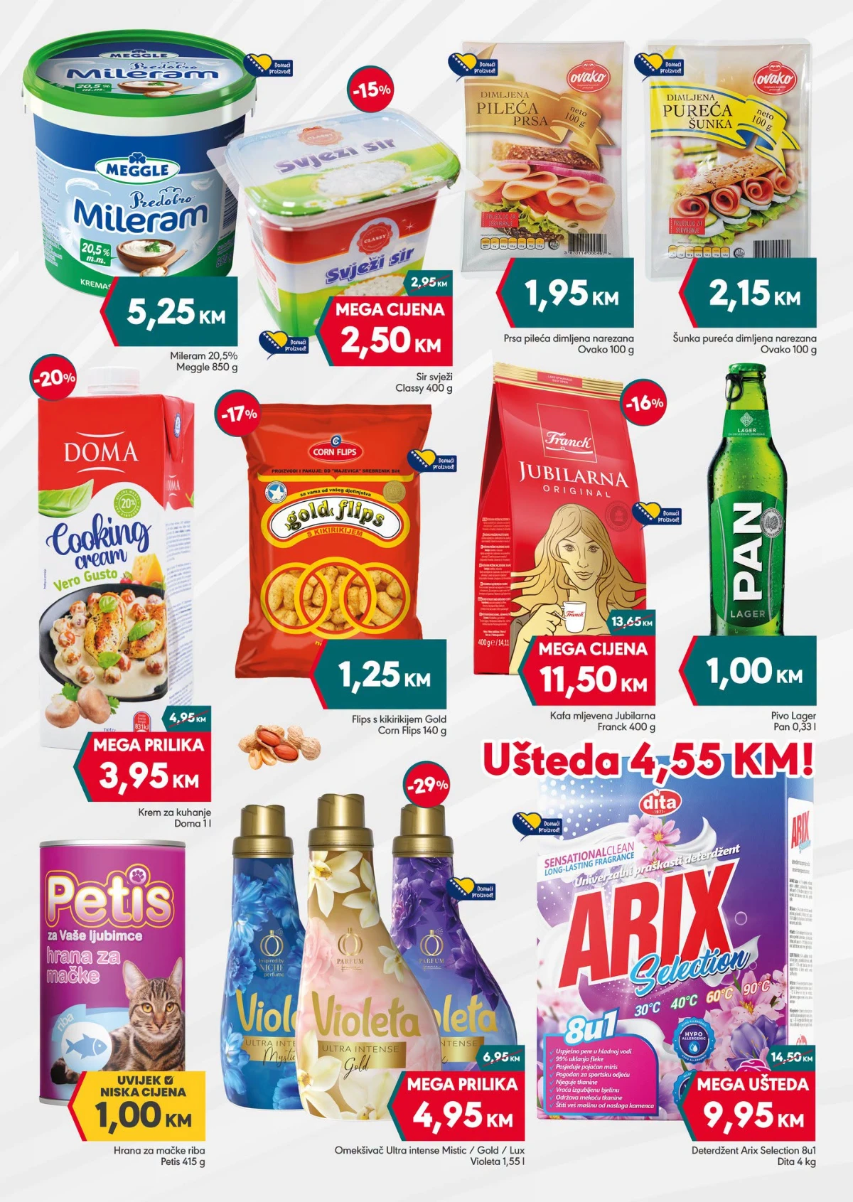 Mega Diskont i Yimor vikend akcija – Mileram 5,25 KM, svježi sir 2,50 KM, Pan pivo 1,00 KM i deterdžent Arix 9,95 KM