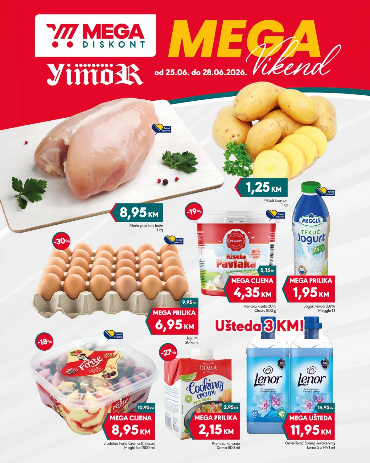 Mega Diskont Mega vikend akcija do 28.06.2026 – prehrana, mliječni proizvodi i kućne potrepštine po sniženim cijenama