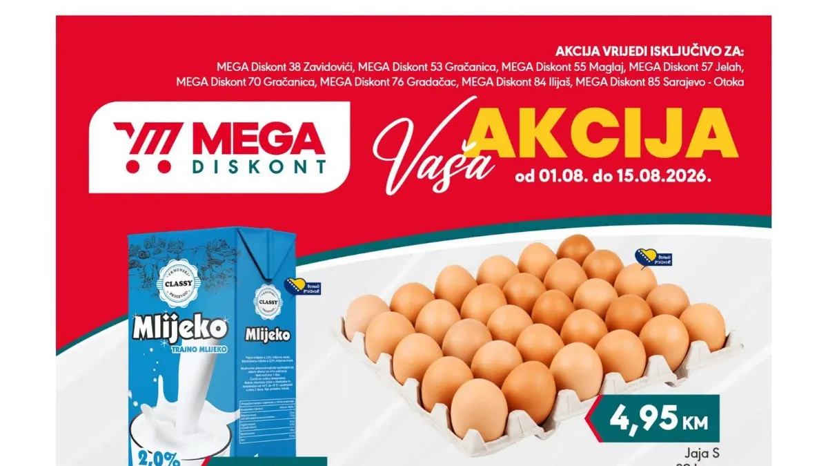 MEGA Diskont posebna akcija do 15.08.2026. – mlijeko, jaja, ulje, kafa, Persil i drugi proizvodi po posebnim cijenama u odabranim marketima