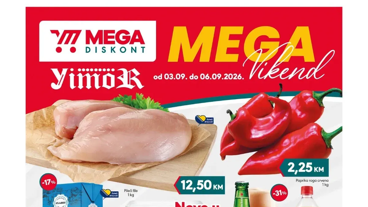 Mega Diskont Yimor vikend akcija od 03.09. do 06.09.2026. – prehrana, piće i kućne potrepštine uz popuste do 31%